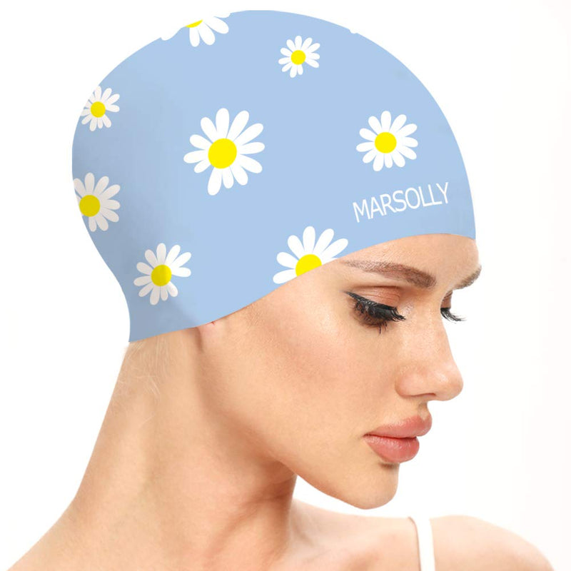 Marsolly Silicone Swim Cap for Women, Waterproof Long Hair Swimming Caps with Flower Printed Blue - BeesActive Australia