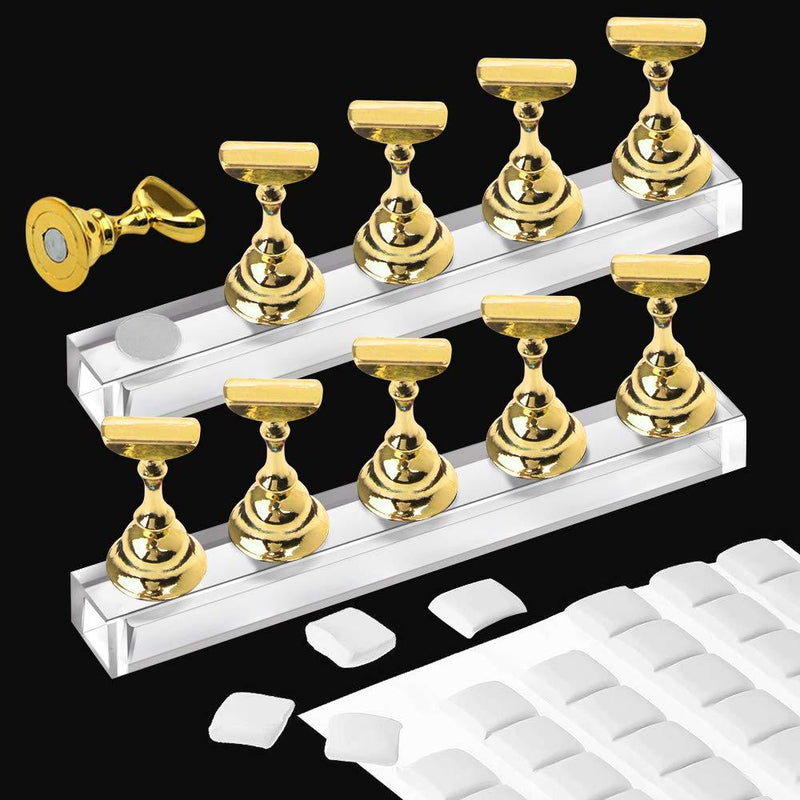 Kalolary 2 Set Acrylic Nail Art Holder Practice Display Stand with 102Pcs White Reusable Adhesive Putty, Magnetic Nail Art Tips Holders Training Fingernail DIY Display Stands(Gold) Gold - BeesActive Australia
