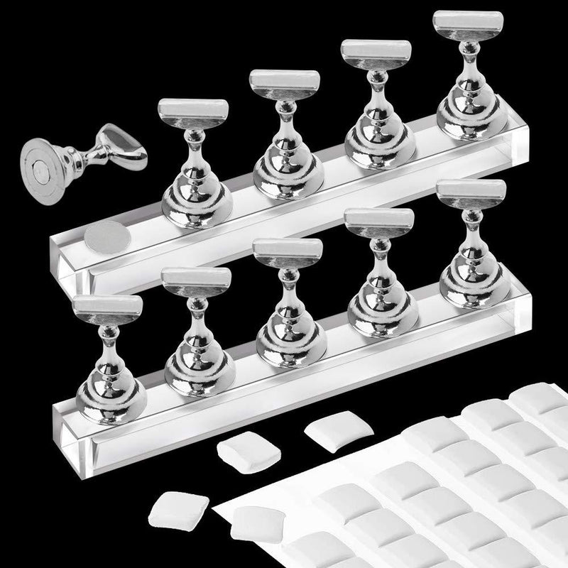 Kalolary 2 Set Acrylic Nail Art Holder Practice Display Stand with 102Pcs White Reusable Adhesive Putty, Magnetic Nail Art Tips Holders Training Fingernail DIY Display Stands(Silver) Silver - BeesActive Australia
