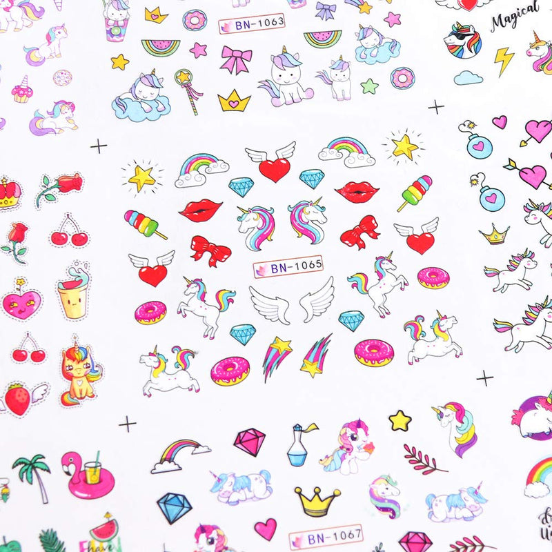 Unicorn Nail Art Stickers Water transfer Nail Decals Cute Stars Moons Flamingo Rainbows Unicorns Nail Stickers for Girls Women Kids DIY Manicure Design Nail Decoration Accessories (12 Sheets) - BeesActive Australia