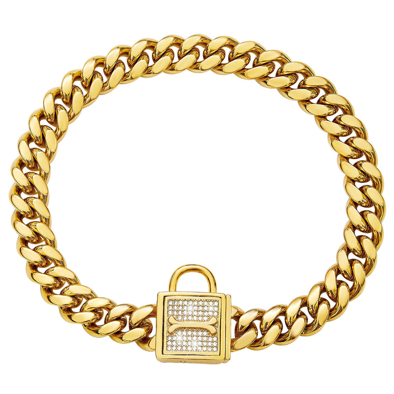 PRADOG Chain Dog Collar with Zirconia Locking 12mm 18K Gold Cuban Link Chain Metal Stainless Steel Dog Walking Puppy Collar Luxury Dog Bling Necklace for XSmall, Small, Medium, and Large Dogs 16" (Fixs Neck 14" to 15.5") - BeesActive Australia
