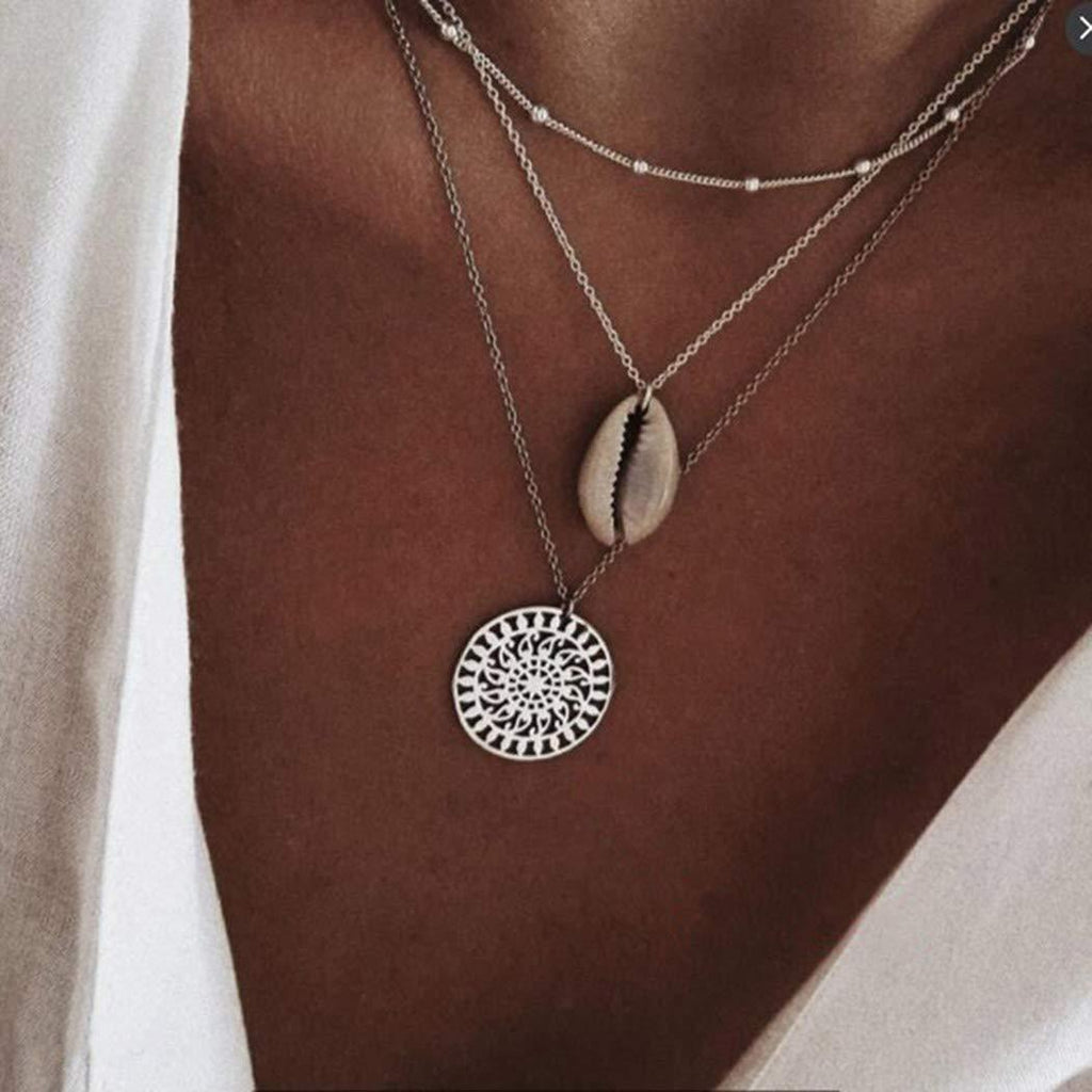 Hannah Boho Layered Shell Necklaces Silver Sequins Pendant Necklace Beaded Necklaces Chain Jewelry for Women and Girls - BeesActive Australia