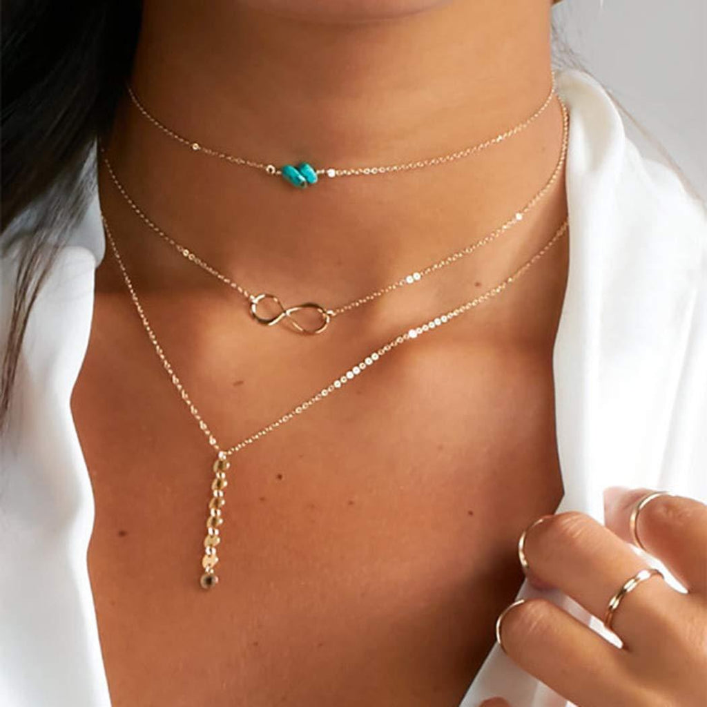 Hannah Boho Turquoise Layered Necklaces Gold Sequins Pendant Choker Necklace Lucky Necklaces Chain Jewelry for Women and Girls - BeesActive Australia