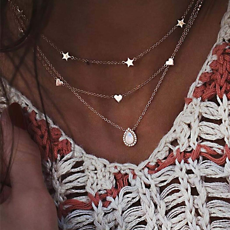 Hannah Boho Layered Opal Necklaces Gold Star Pendant Necklace Heart Necklaces Chain Jewelry for Women and Girls - BeesActive Australia