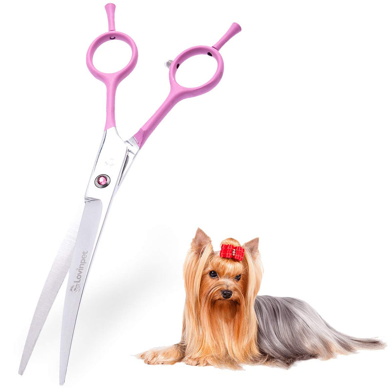 LovinPet 7.5" Left/Right-Handed Pet Curved Dog Scissor/Safety Blunt-tip Grooming Curved Dog Shear/Professional Home Pet Trimming Dog Grooming Scissors for Dogs and Cats (Easy Use) Pink ( Stainless Steel ) - BeesActive Australia