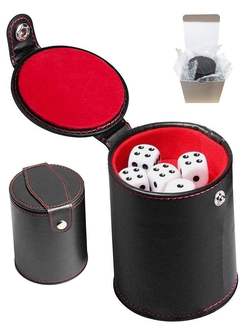 Set of 16mm Poker Dice and Black PU Leather Red Felt Lined Dice Cup with Storage Compartment (Gift Boxed) Pip/Dot Dice (Rounded Corners) - White - BeesActive Australia