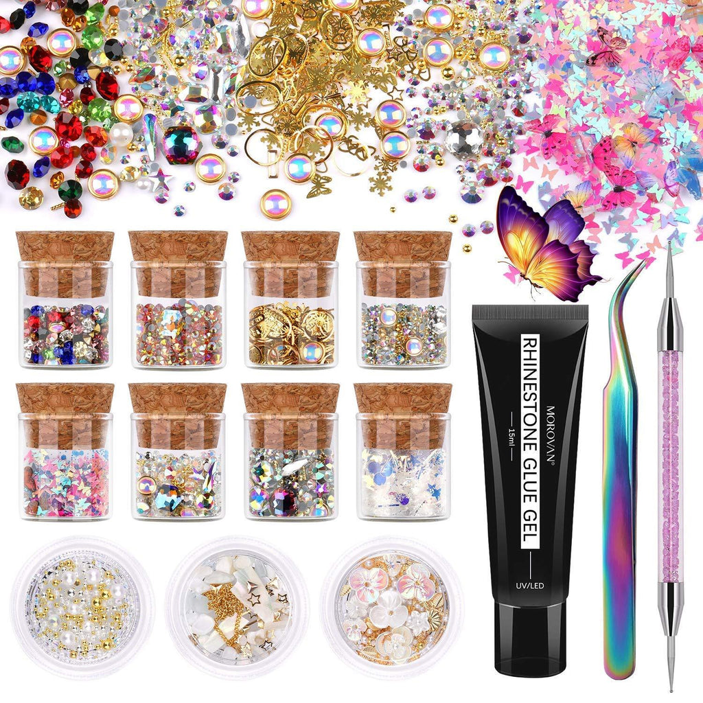 Morovan Nail Kit Nail Gems Rhinestone Nail Art Nail Glue Gel 0.5oz Mutishape K9 Glass Crystal Nail Rhinestones jewels with Dotting Pen Tweezer Nail Supplies for Acrylic Nails DIY Craft Nail Assecories - BeesActive Australia