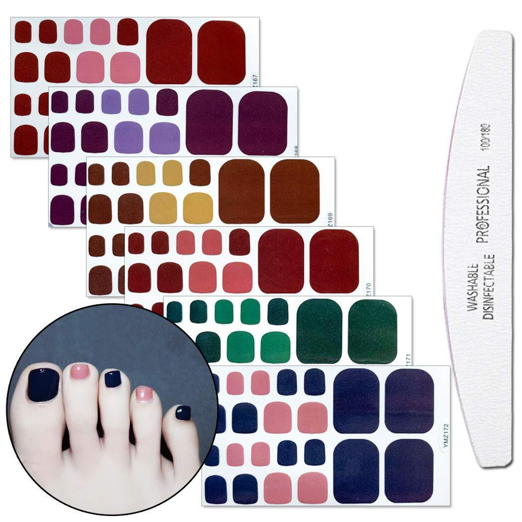 WOKOTO 6 Sheets Solid Color Toenail Art Polish Stickers Strips Set with 1Pc Nail File Adhesive Nail Wraps Decals Manicure Kit for Women KIT1 - BeesActive Australia