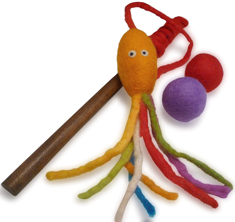 Felt Cat Teaser Wand Toy - Organic Wool Wand Toy Plus 2 Felted Ball Toys for Indoor Cats and Kittens Cat Squid Toy - BeesActive Australia