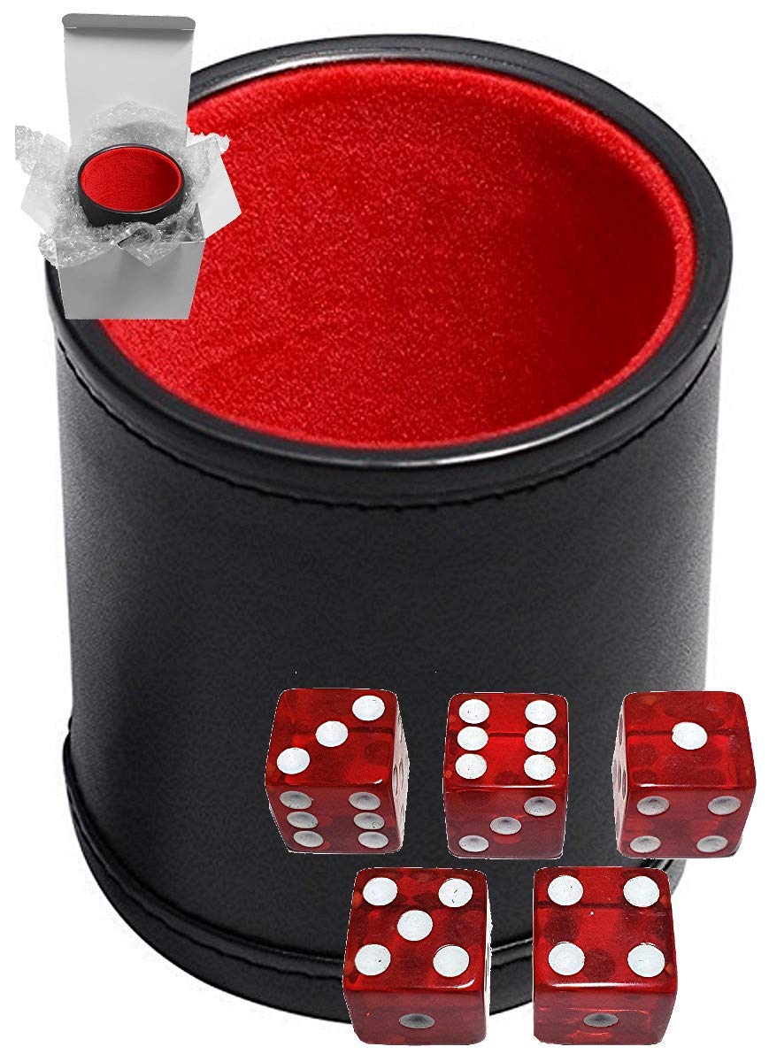 Set of 16mm Transparent Squared Corners Dice and Black PU Leather Dice Cup Plush Felt Lined - Gift Boxed Red, Red Lining Cup - BeesActive Australia