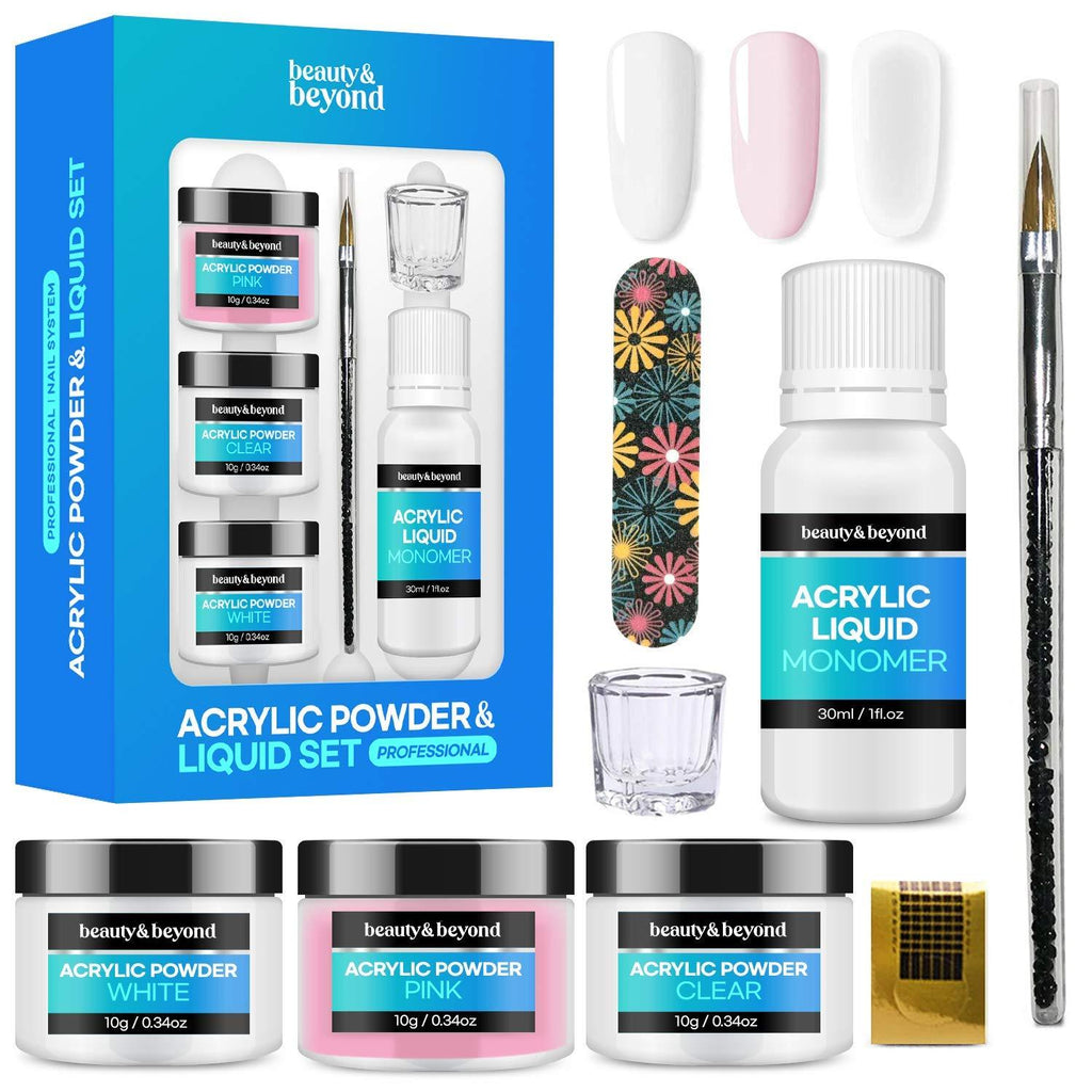 Acrylic Powder and Liquid Set For Nail Extension, Acrylic Nail Kit with Professional Liquid Monomer & Acrylic Nail Brush - 3 Colors Pink White Clear - BeesActive Australia