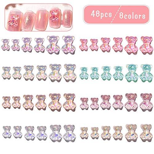 48pcs 3D Cute Bear Resin Nail Art Decorations- Crystal Bear Shaped Aurora Rhinestones in 6 Styles Nail Glitter Jelly Ornaments in 3 Sizes Nails Art Accessories for Nail Art Design Manicure Tips Decor - BeesActive Australia