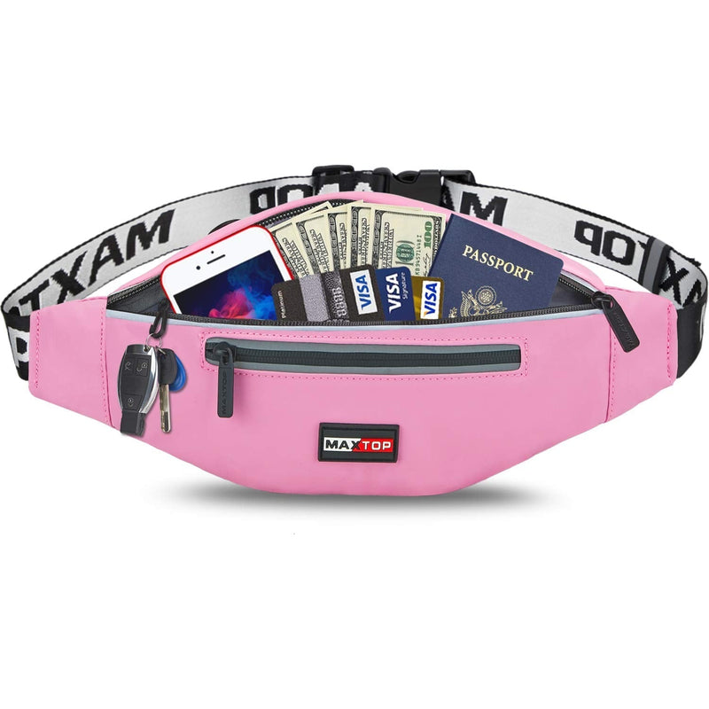 Reflective Fanny Pack PU Leather Water-Resistant Waist Pack Bag for Biking Running Jogging Traveling Outdoors Workout Cycling Fitness and Hiking Pink - BeesActive Australia