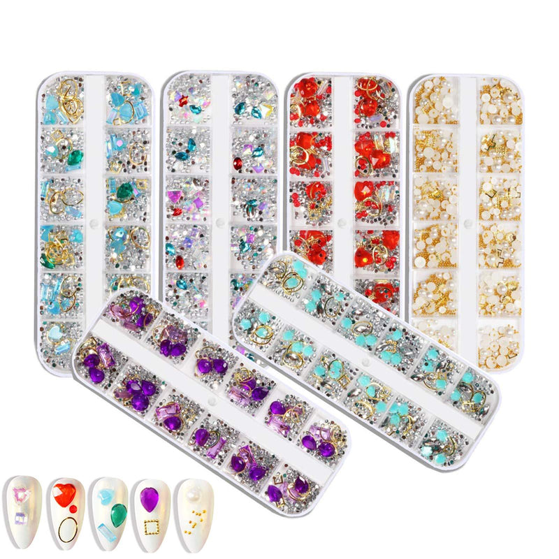 EBANKU 6 Boxes 3D Mix-shape Nail Art Diamonds Rhinestones Nail pearl Crystals Beads, Big Gem Nail Jewels Studs Metal Rivets for DIY Design Nail Art Decorations Supplies - BeesActive Australia