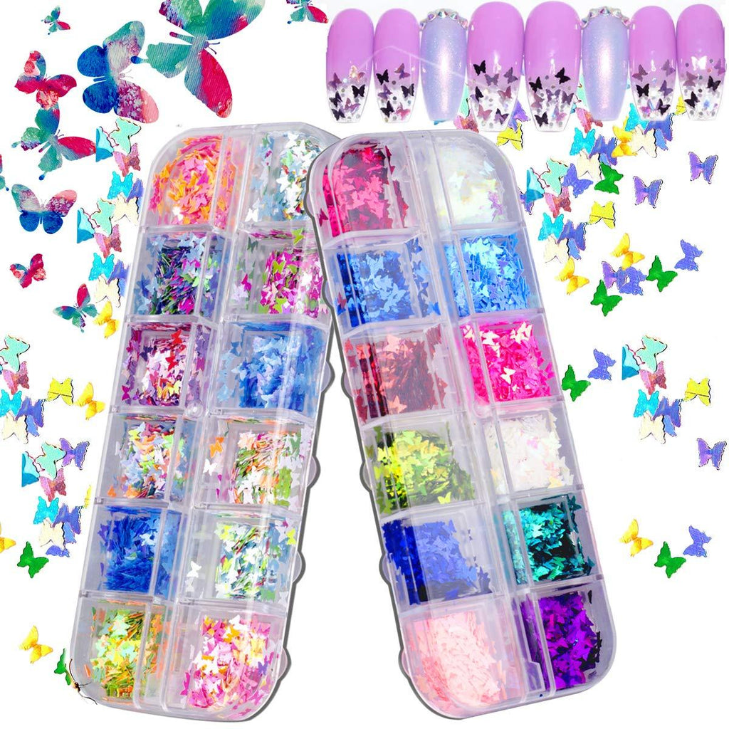 Kyerivs 3D Butterfly Nail Art Glitter Sequins Cosmetic Glitters, 24 Color. Holographic Bling Nail Art Flakes for Resin, Makeup, Nail Decoration Accessories Pink Gold Silver Pink Rainbow White Red - BeesActive Australia