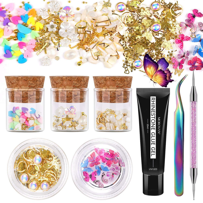 No Wipe Crystal Rhinestone Decoration Glue Gel Kit, Clear Glass Flat Back Gems Metal Rivets Shells and Pearls, with 15ml Rhinestone Glue Gel Dotting Pen Tweezer for Nail Art DIY Crafts - BeesActive Australia