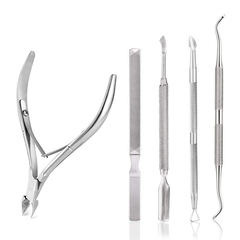 5PCS Cuticle Nipper and Pusher Set Stainless Steel Cuticle Trimmer Durable Cutter Dead Skin Clipper Manicure Pedicure Tools-Silver Silver - BeesActive Australia