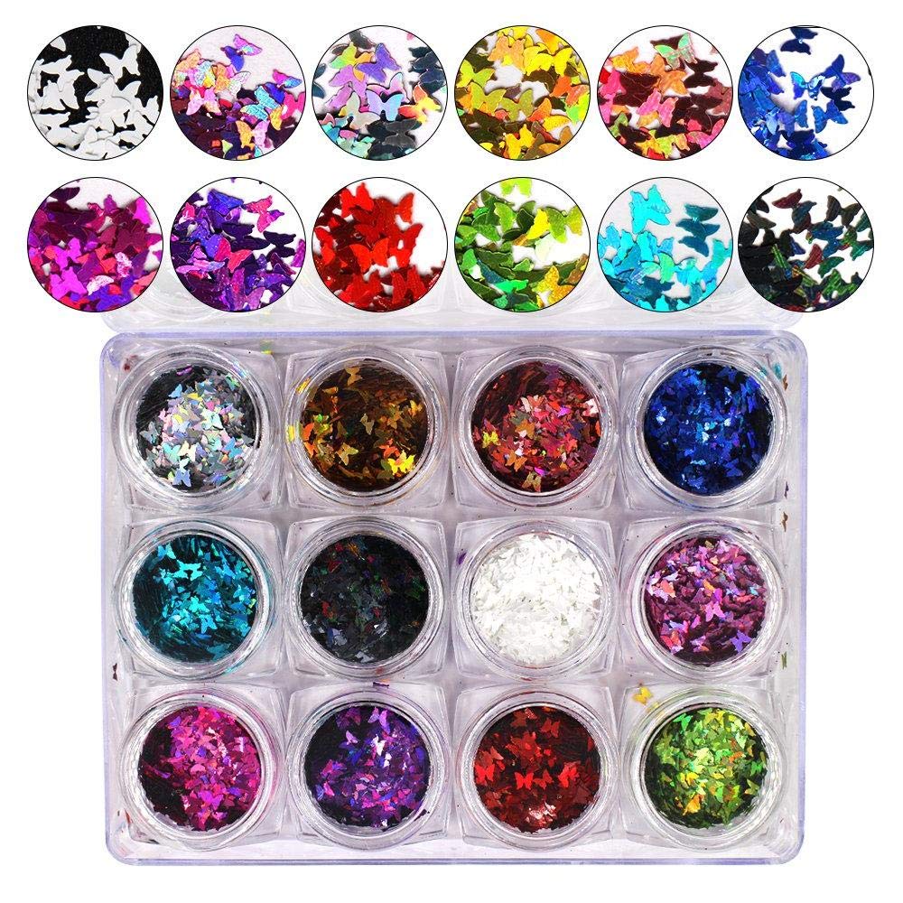 Beilunt 12 Color 3D Butterfly Nail Glitter Decal Acrylic Nail Stickers Flash Holographic Nail Sequins for Nail Art Decoration Home Nail Salon DIY(12 Boxes) - BeesActive Australia