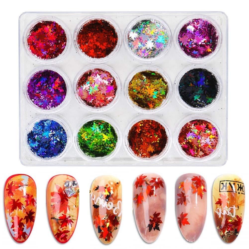 Beilunt 12 Color Maple Leaf Nail Glitter Sequins 3D Flakes Confetti Nail Decals Acrylic Holographic Nail Art Accessories Nail Decorations Supplies Manicure Salon DIY Gift - BeesActive Australia