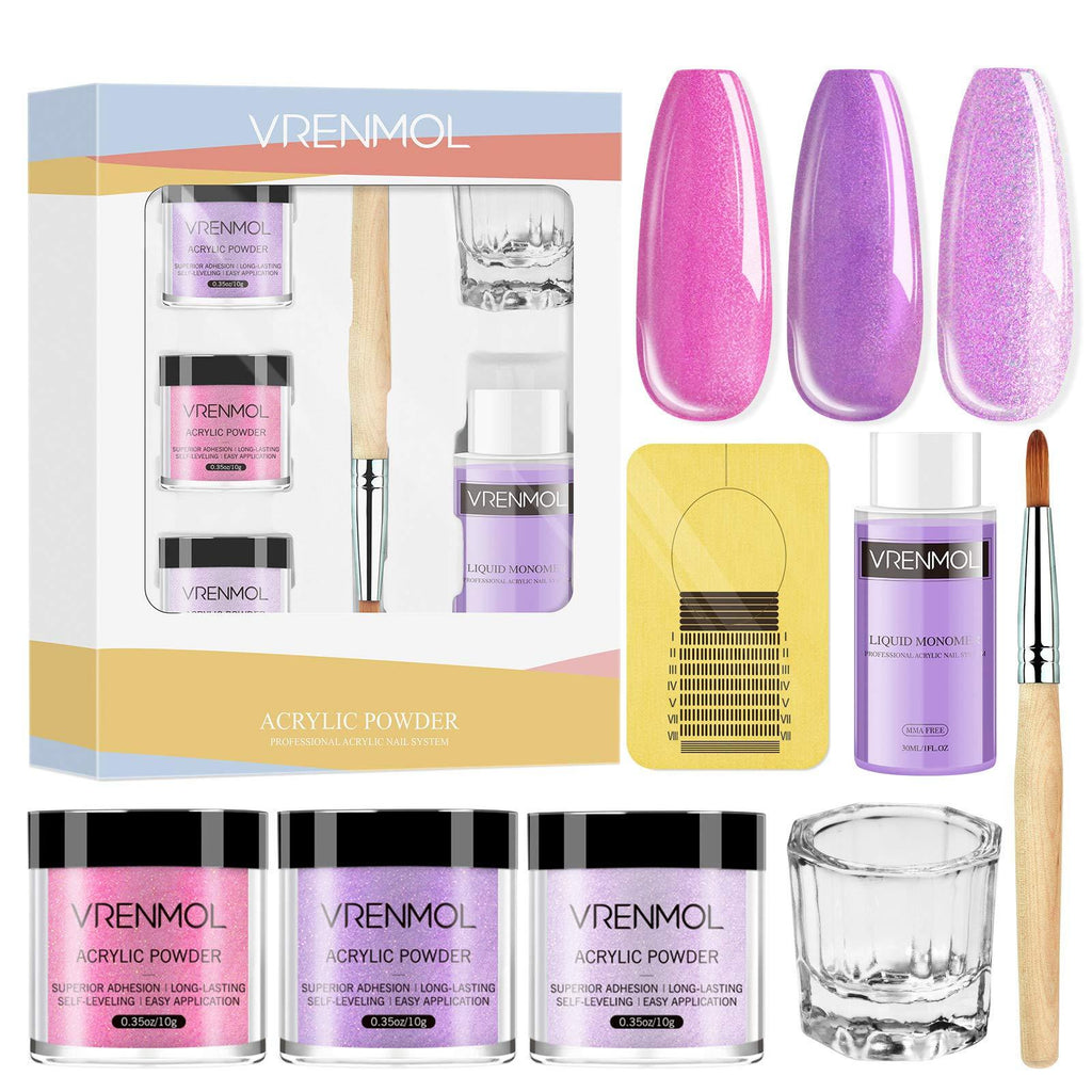 Vrenmol Acrylic Powder and Liquid Set - Glitter Acrylic Nail Kit 3 Color Nail Powder and Professional Liquid Monomer Set with Acrylic Brush Nail Forms for Christmas Party Acrylic Nails Extension Purple - BeesActive Australia