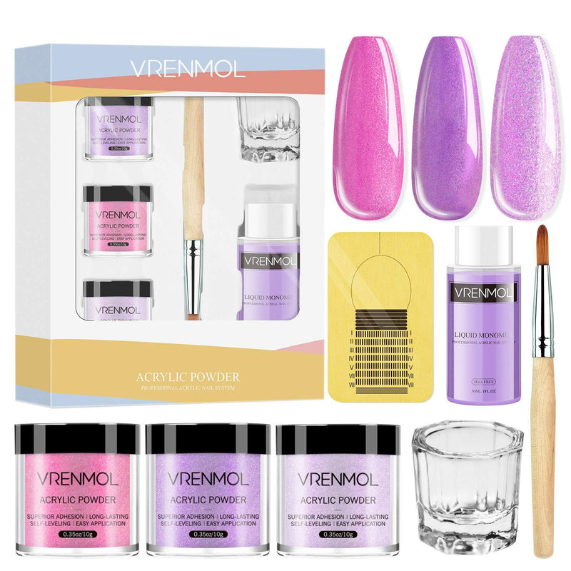 Vrenmol Acrylic Powder and Liquid Set - Glitter Acrylic Nail Kit 3 Color Nail Powder and Professional Liquid Monomer Set with Acrylic Brush Nail Forms for Christmas Party Acrylic Nails Extension Purple - BeesActive Australia