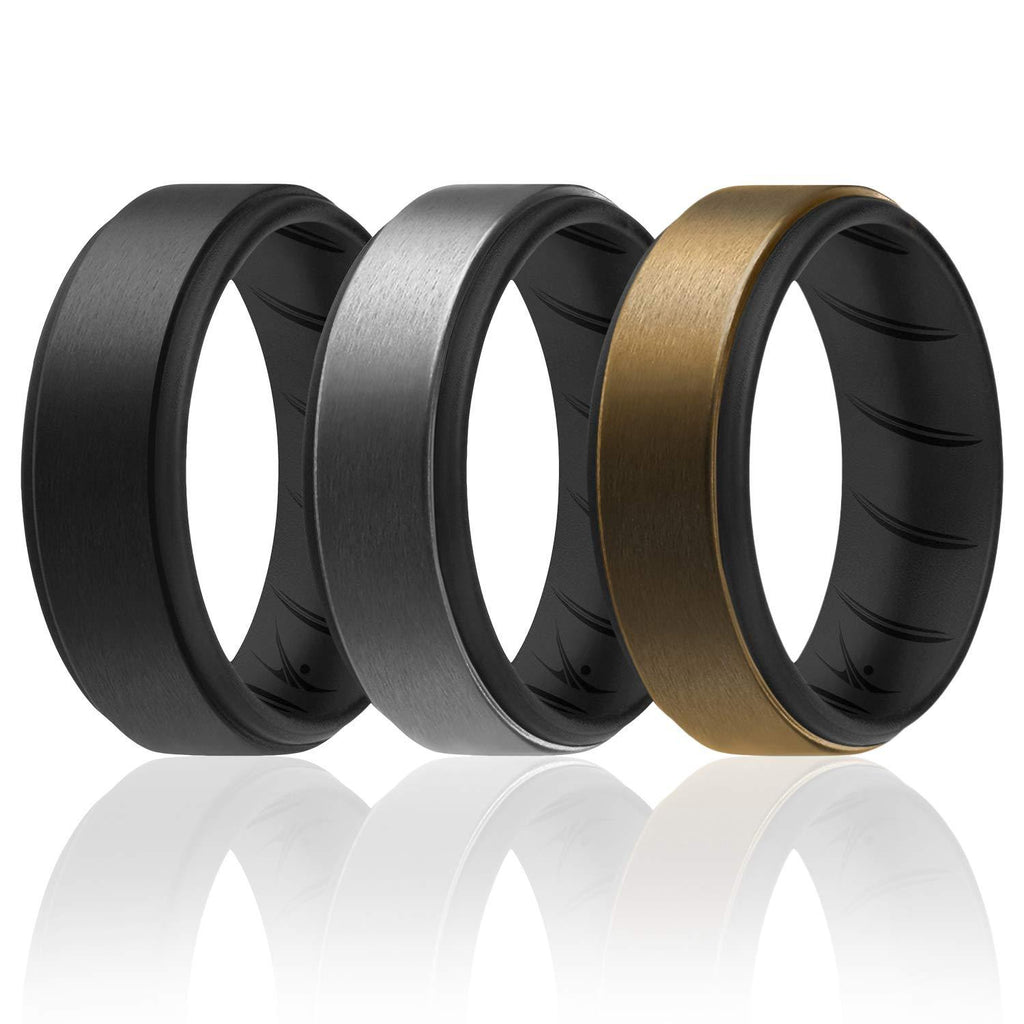 ROQ Silicone Rings for Men 1/4/6 Multipack of Breathable Mens Silicone Rubber Wedding Rings Bands - Step Edge 3 Pack: Black, Beveled Metallic Platinum, Bronze 7.5 - 8 (17.35mm) - BeesActive Australia