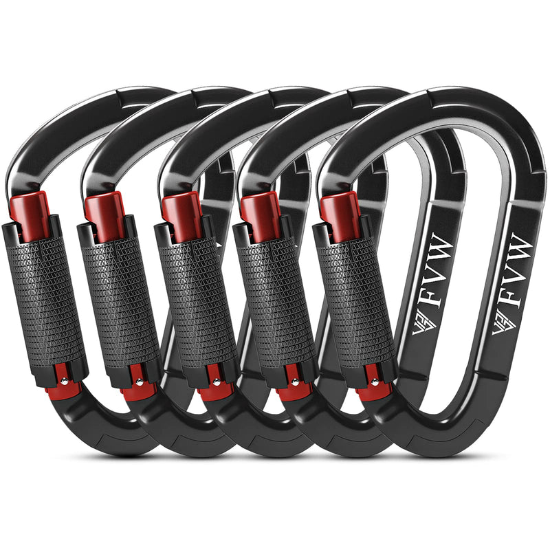 FVW Auto Locking Rock Climbing Carabiner Clips,Professional 25KN (5620 lbs) Heavy Duty Caribeaners for Rappelling Swing Rescue & Gym etc, Large D-Shaped Carabiners Black*5 - BeesActive Australia