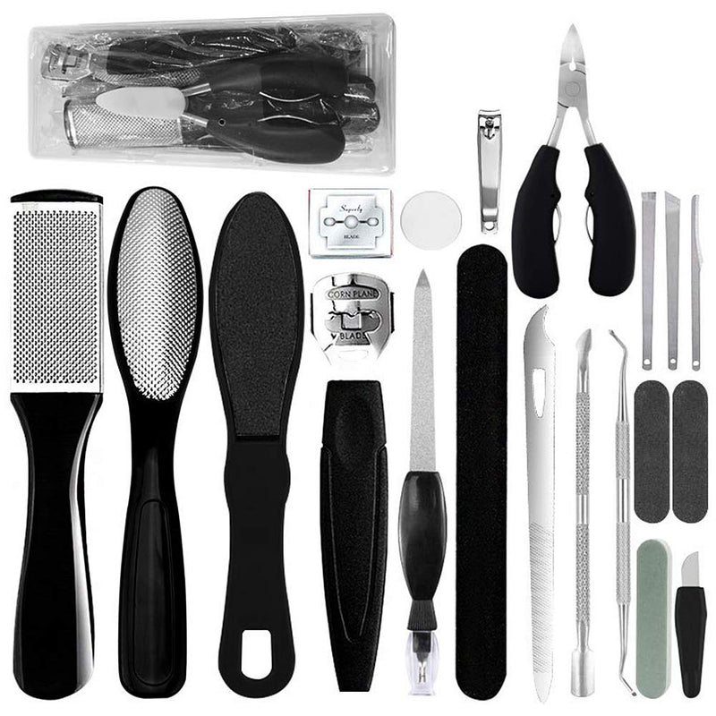 20 in 1 Foot Pedicure Kit Professional, Foot Care Pedicure Kit Stainless Steel Foot File Kit, Foot Scrubber Rasp Scraper Dead Skin Callus Remover Kit Pedicure Foot Tools Set for Women and Men Black - BeesActive Australia