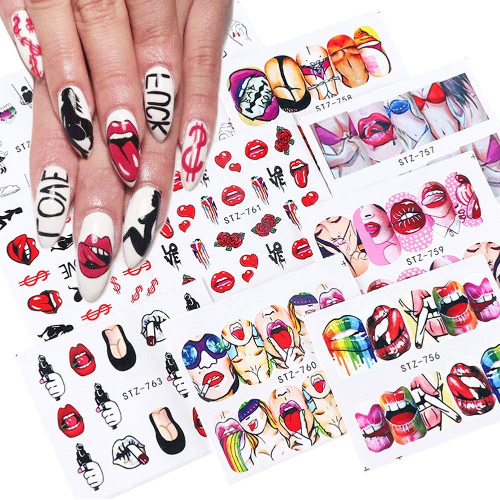 Lips Nail Art Stickers Decals Sexy Lips Nail Stickers Nail Art Supplies Nail Accessories Decorations Nail Stickers Sexy Lips Cool Girl Water Decals Wraps Cartoon Sliders For Nail Decoration Manicure 9 Pcs - BeesActive Australia