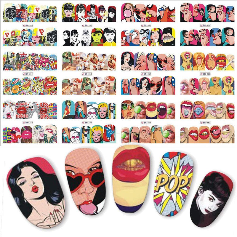 Valentines Day Nail Art Stickers Decals Nail Supplies Nail Accessories Decorations Nail Stickers Sexy Cool Girls Full Cover Lips Cute Cartoon Printing Water Transfer Adhesive Tips Nail Art Decorations 12 Sheets - BeesActive Australia