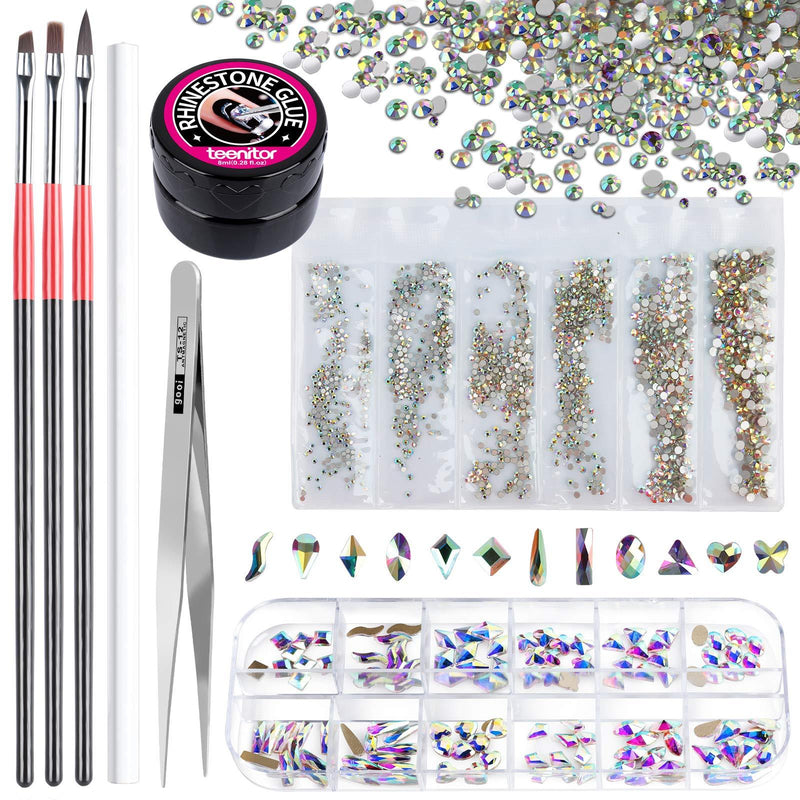 Rhinestones for Nails, Teenitor 1440pcs 6 Sizes Rhinestones Crystals and 120pcs Multi Shapes Nail Diamonds with Nail Art Designs tools Kit- 8ml Gem Gel Resin Glue Nail Brushes Wax Pen Picking Tweezers - BeesActive Australia