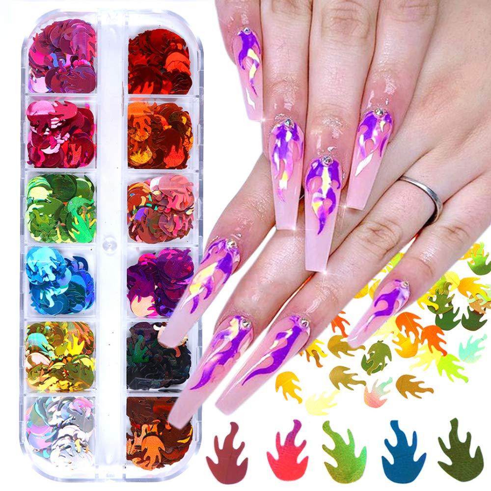 Flame Nail Art Glitters Fire Nail Sequins Flakes Holographic Fire Nail Stickers Sparkly 3D Nail Art Decals Charms Laser Foils Nail Art Supplies DIY Manicure Decoration Accessories 12 Grids/Set A - BeesActive Australia