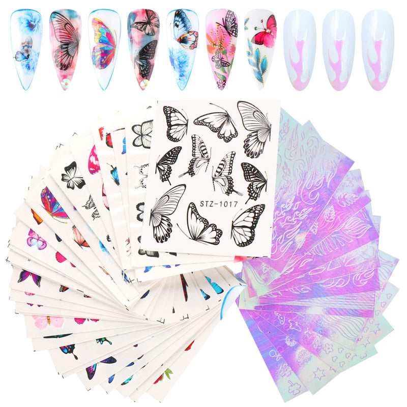 3D Butterfly Nail Sticker and Flam Nail Sticker Set, Thinkga 2 Pack in 1 Nail Decoration Sticker Set with 30pcs Butterfly Water Nail Decal and 10pcs Fire Flam Adhesive Nail Sticker - BeesActive Australia