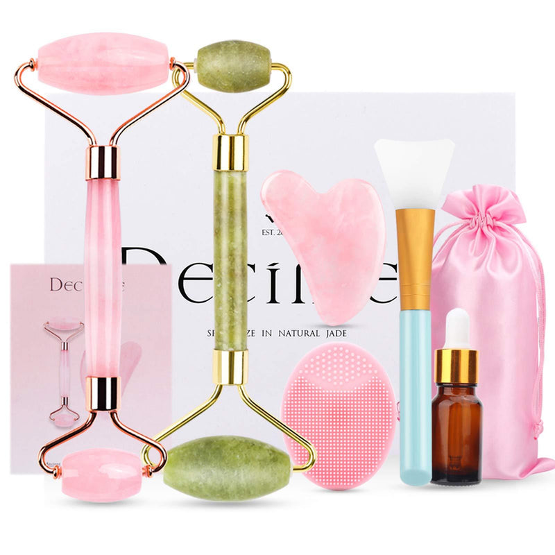 Deciniee Jade Roller for Face,Gua Sha Massage Tool,Rose Quartz Jade Roller and Gua Sha 6 in 1 Face Massager Women Gift Set,Anti-Aging Authentic Facial Beauty Roller-Rejuvenate Skin and Remove Wrinkles - BeesActive Australia
