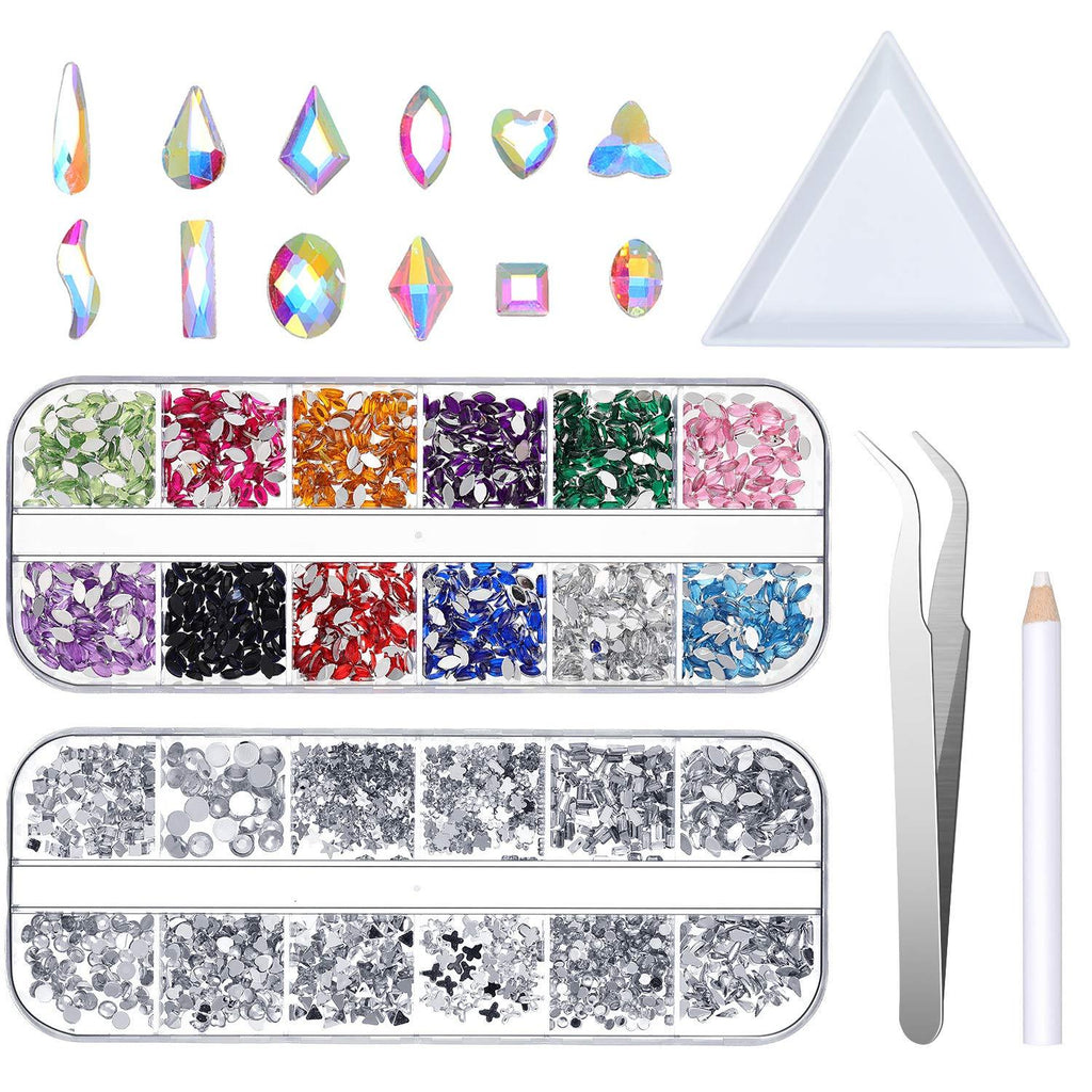 AB Crystal Rhinestones Set, 120 Pieces AB Multi-Shape Glass Nail Rhinestone 2 Boxes Nail Art Rhinestones Multi-Shape Flat Back Nail Jewels with Tray Dotting Pen Tweezer for Nail Art DIY Crafts - BeesActive Australia