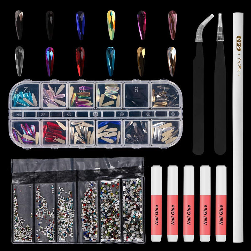 Crystal AB Round & Multi-Shapes Glass Nail Rhinestone Set with Tweezers, Dotting Pen, Nail Glues, Flatback Gems Stones For Nails Decorations, Cellphone Shell Decorations - BeesActive Australia