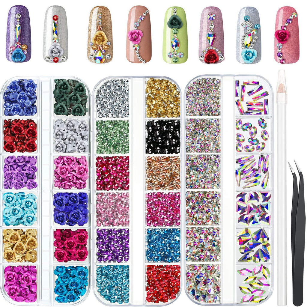 240 Pieces Metal Flower 3D Roses 60 Pieces Multi Shapes Glass Crystal 3444 Pieces AB Nail Art Rhinestone Crystal 12 Color Flatback Rhinestone with Rhinestone Picker Tweezers for Nail Art Decoration - BeesActive Australia