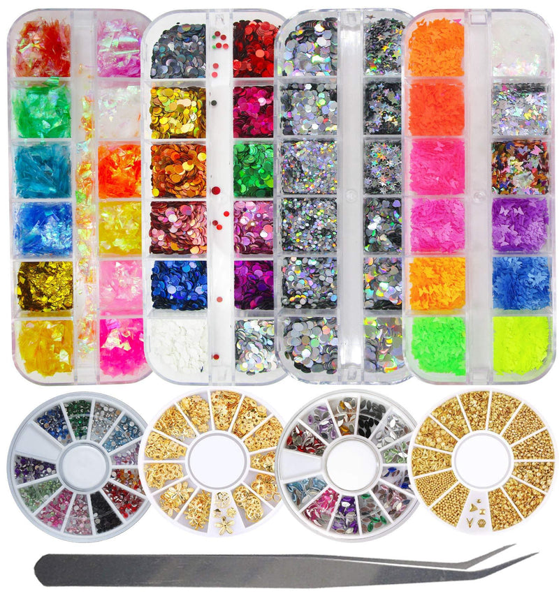 8 Pack Epoxy Resin Nail Art Chunky Glitter Flakes Holographic Silver Butterfly Round Glitter Sequins Flakes and Nail Rhinestone Metal Charms Acrylic Nail Accessories with Tweezers (NailSetA) NailSetA - BeesActive Australia