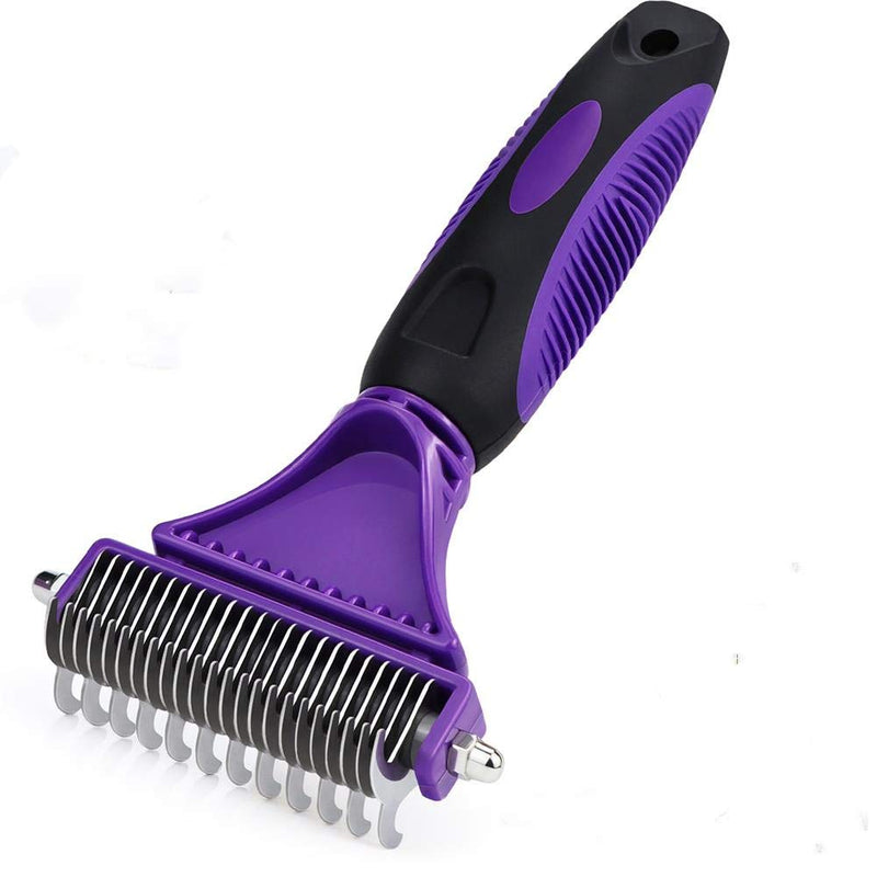 Dog Dematting Tool - Dematting Comb with 2 Sided Undercoat Rake for Cats & Dogs Safe Grooming Rake Tool for Easy Mats & Tangles Removing No More Nasty Shedding and Flying Hair (Purple) PURPLE - BeesActive Australia