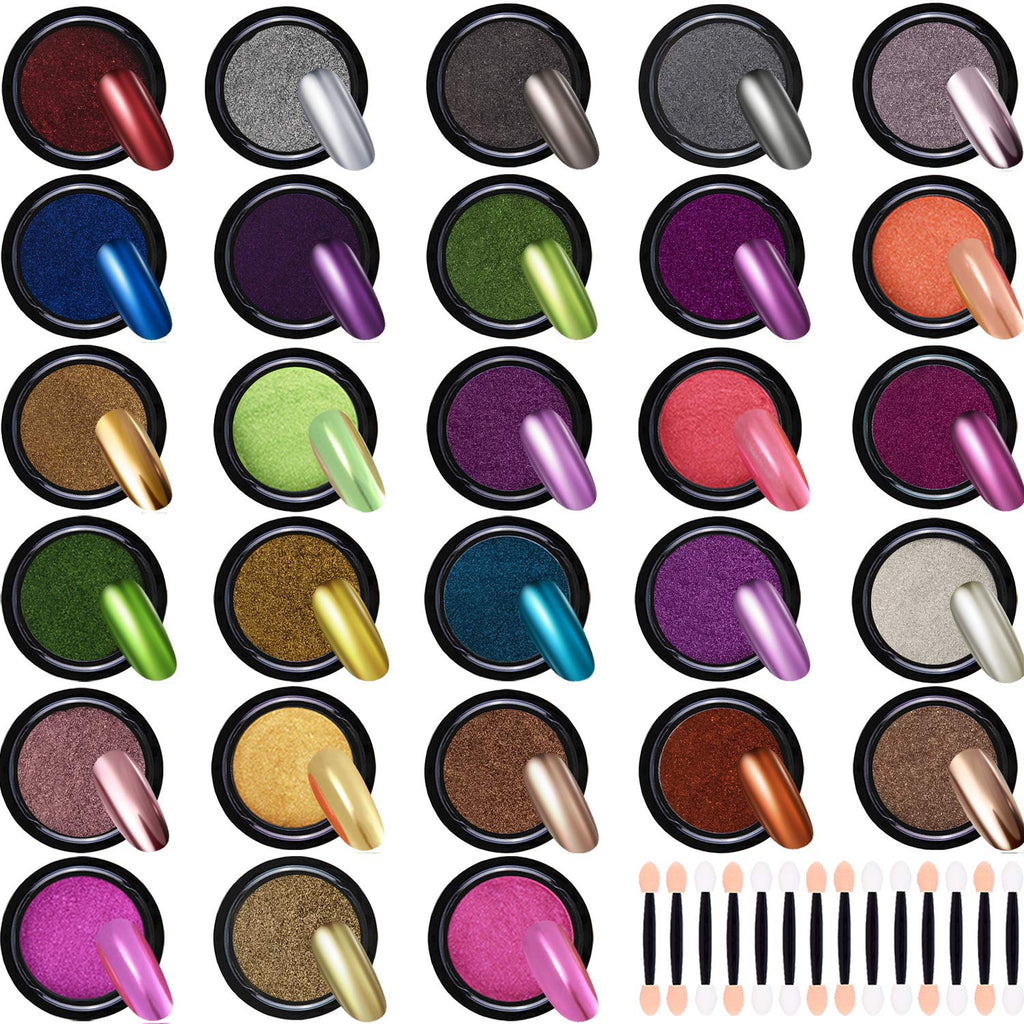 Duufin 28 Colors Nail Powder Metallic Chrome Powder for Mirror Effect Nails Manicure Art Decoration with 28 Pcs Eyeshadow Sticks, 1g/Jar - BeesActive Australia