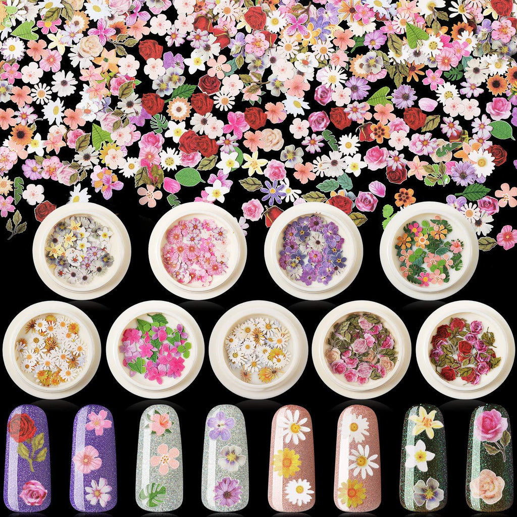 9 Boxes 3D Flower Nail Art Sequins Decals Sticker Colorful Mixed Flowers Leaves Design Slice Nail Flakes for Nail Face Body Decoration DIY Crafting - BeesActive Australia