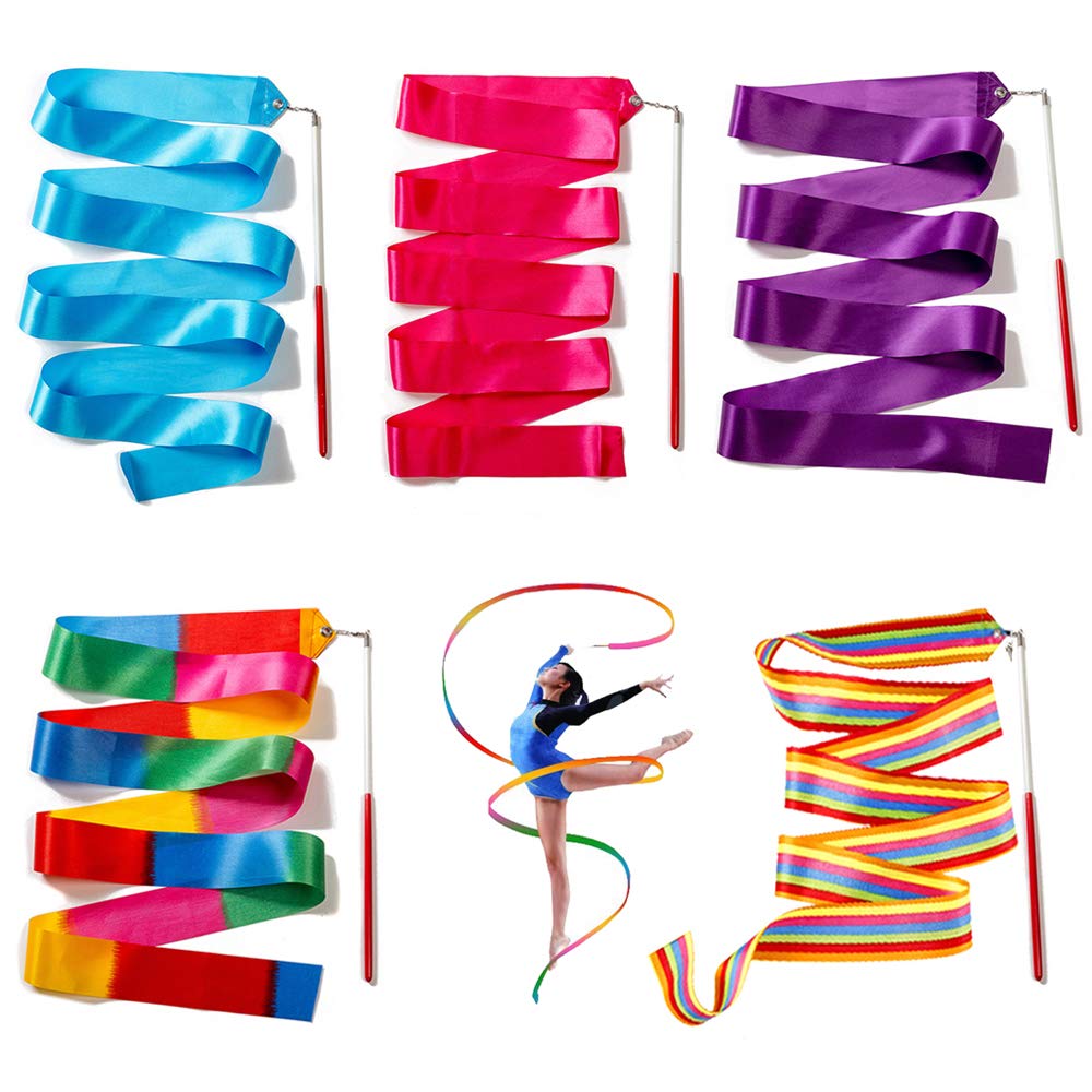 Ceqiny 5pcs Dance Ribbons with Wand 2 Meters Rhythmic Gymnastic Ribbon Rainbow Streamers Dance Streamer Rhythm Sticks Art Ribbon Perfect for Talent Shows Kids Art Dance Baton Twirling, Assorted Color - BeesActive Australia