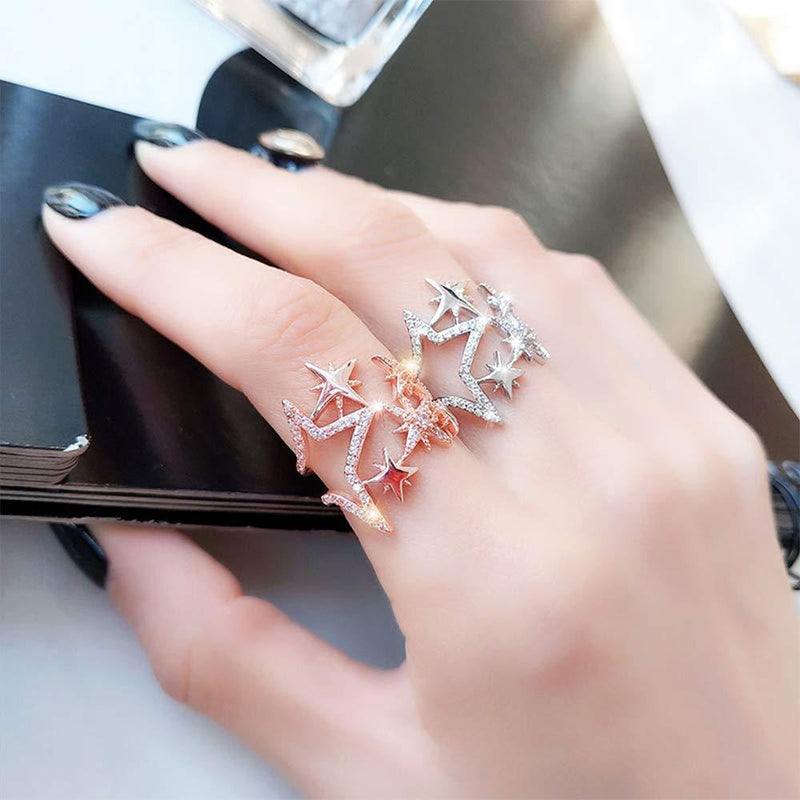 Aimimier Cubic Zirconia Star Ring Sparkling Hollow Crystal Star Index Joint Knuckle Ring Wedding Jewelry for Women and Girls (Silver) Silver - BeesActive Australia