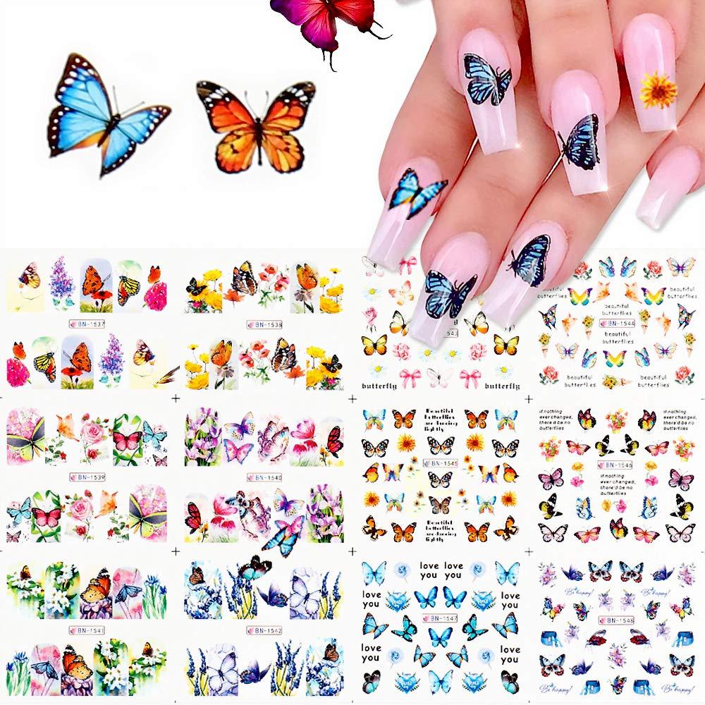 ACEDICHY Butterfly Nail Art Stickers Water Transfer Nail Decals for Acrylic Nails Decoration Flowers Butterfly Design Nail Art Manicure Tips Accessories DIY Nail Supplies(12 Pcs) - BeesActive Australia
