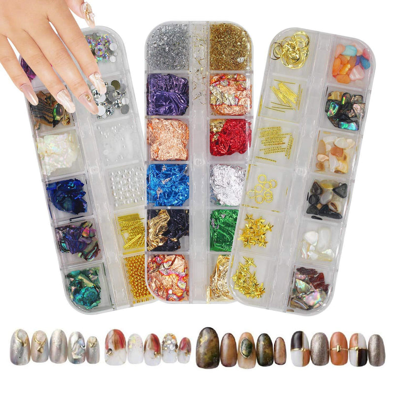 3 boxes of 12-color mixed nail art accessories, abalone slices, diamonds, pearls, shell stones, colored tin foil and tin foil, DIY design manicure nail art decoration set, for nail art/craft (01) 01 - BeesActive Australia