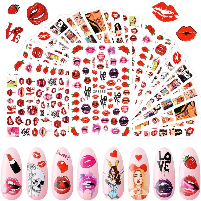 32 Sheets Lips Nail Art Stickers Valentine's Day Nail Sticker Lips Design Beauty Different Patterns Decals Self-Adhesive Nail Art Decals Stickers for Lips Girl Cool Decoration - BeesActive Australia