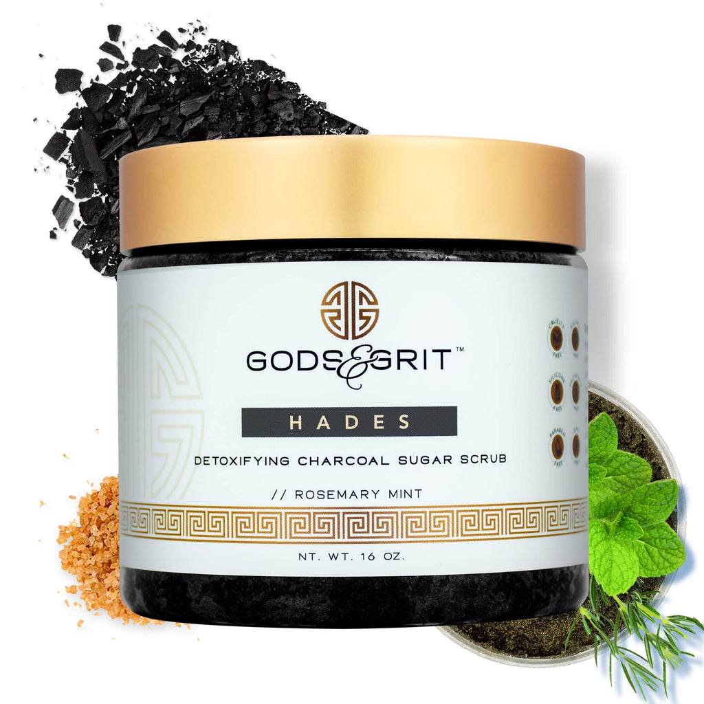 Gods & Grit Hades Activated Charcoal Detoxifying & Exfoliating Body Scrub | Hydrating Coconut Oil & Cleansing Rosemary Mint Sugar Scrub | Foot Scrub & Body Scrubs for Men & Women Exfoliation (16 oz) - BeesActive Australia