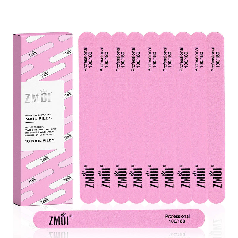 ZMOI Premium Japanese Nail File - Professional Double Sided 10 Pack - Natural and Acrylic Nail Filers - 100/180 Grit Washable Emery Boards - BeesActive Australia