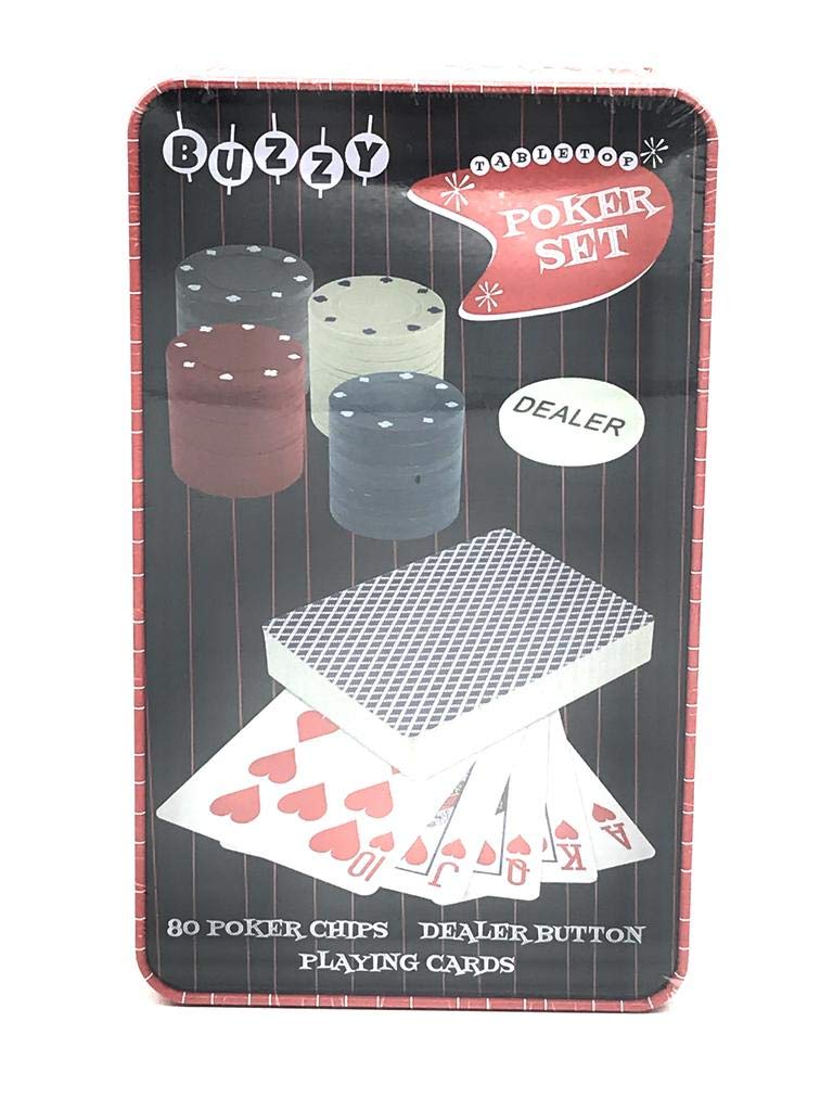Buzzy Table Top Poker Set - 80 Poker Chips, Dealer Button, Playing Cards - BeesActive Australia