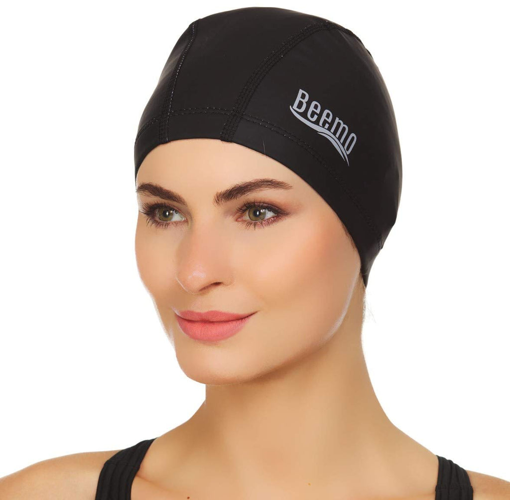 BEEMO Kids Men or Womens Swim Cap Latex Lycra Long or Short Hair Soft Comfortable Stylish Covers Ears and Protects Hair from Sun Salt or Chlorine Perfect for Water Activities Black - BeesActive Australia